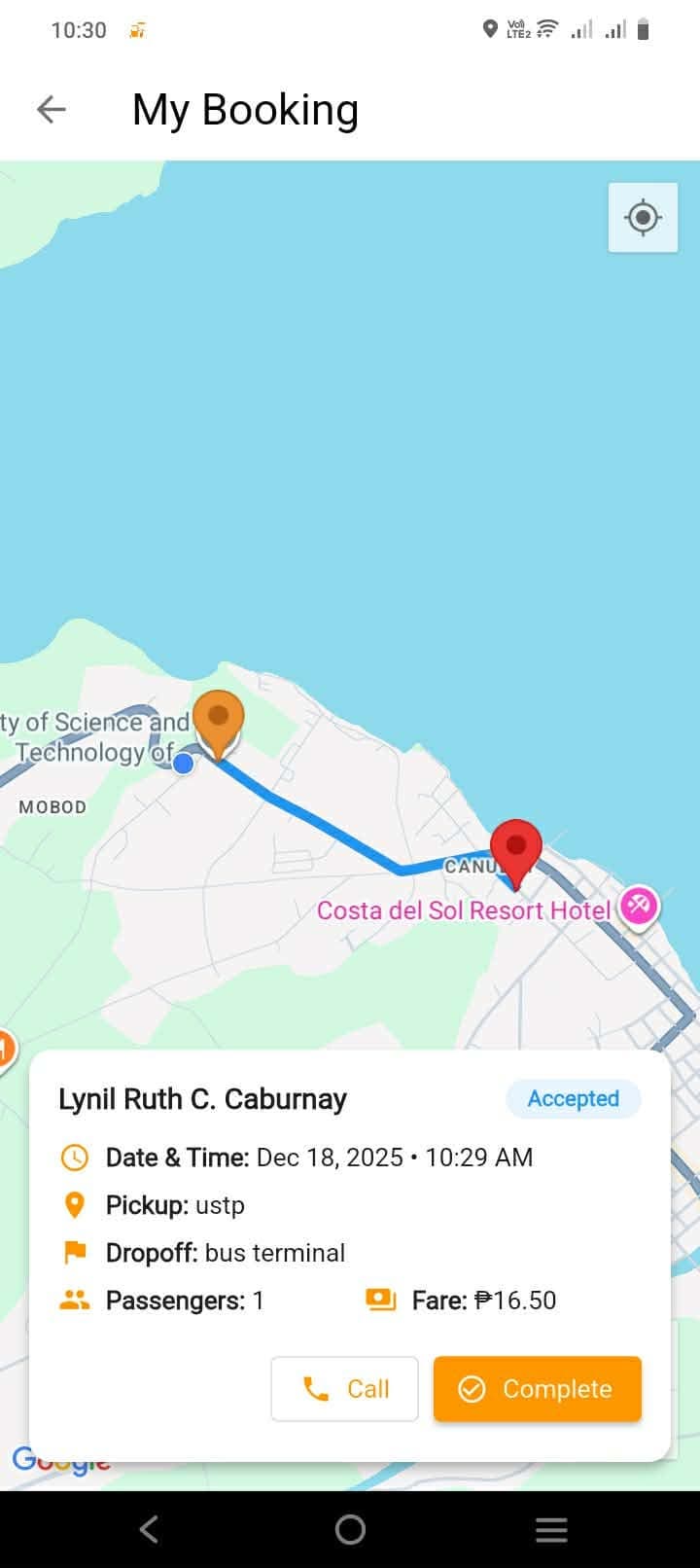 TriGoRide - Accepted booking on the map